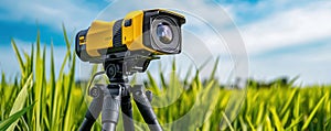 modern high tech lidar device is positioned on tripod in lush green field, showcasing advanced technology in nature photo