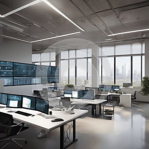 Modern High Tech Office Workspace Data Monitors City View