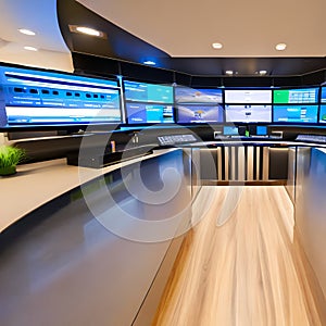 A modern, high-tech smart home control room with touchscreen panels, security monitors, and automation1, Generative AI