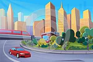 Modern highway, cartoon cityscape flat vector illustration