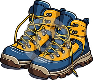 Modern hiking or tracking yellow boots with laces. Colored vector, trendy trecking shoes isolated on white background photo