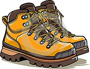 Modern hiking or tracking boots with flat sole and laces. Colored vector, trendy trecking shoes isolated on white background