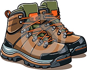 Modern hiking or tracking boots with flat sole and laces. Colored vector, trendy trecking shoes isolated on white background