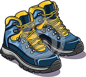 Modern hiking or tracking yellow boots with laces. Colored vector, trendy trecking shoes isolated on white background