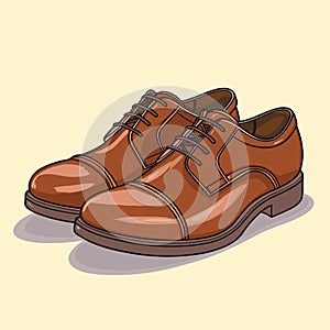 Modern hiking or tracking yellow boots with laces. Colored vector, trendy trecking shoes isolated on white background