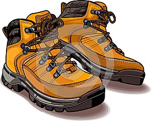 Modern hiking or tracking yellow boots with laces. Colored vector, trendy trecking shoes isolated on white background