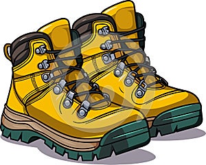 Modern hiking or tracking yellow boots with laces. Colored vector, trendy trecking shoes isolated on white background