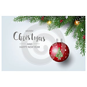 Modern holidays background with Christmas tree branches decorated with berries, stars and candy canes and christmas lights festive