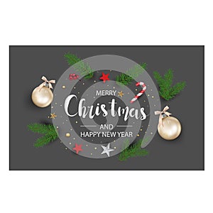 Modern holidays Christmas background banner with Christmas tree branches decorated with berries stars and candy canes and christm