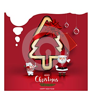 Modern holidays Christmas cartoon Santa Claus and Snowman background banner with Christmas tree branches decorated with berries,