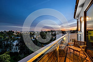 Modern Hollywood Hills home balcony in Los Angeles, California, with a remodel of an older house