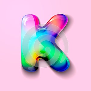 Modern holographic letter K .Gelatinous letter of the alphabet. 3d letter lollipop. Volumetric letter with watercolor divorce. a d