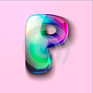 Modern holographic letter P .Gelatinous letter of the alphabet. 3d letter lollipop. Volumetric letter with watercolor divorce. a d