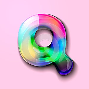 Modern holographic letter Q .Gelatinous letter of the alphabet. 3d letter lollipop. Volumetric letter with watercolor divorce. a d