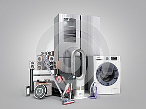 Modern home appliances  E commerce or online shopping concept for marketing literature 3d render on grey gradient