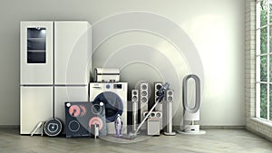 Modern home appliances in empty room commerce or online shopping concept for marketing 3d photo