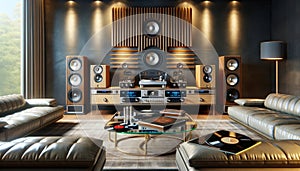 Modern Home Audio Listening Room Audiophile Hi-fi Tower Speakers Media Components AI Generated Home Interior