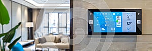 A modern home automation control panel with a touchscreen interface is mounted on a sleek, contemporary wall in a smart