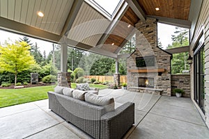 Modern backyard with covered patio and stone fireplace