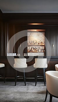 Modern Home Bar with Dark Wood Paneling, Stools, and an Illuminated Backbar Displaying Spirits