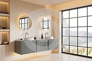 Modern home bathroom interior with double sink and vanity, panoramic window