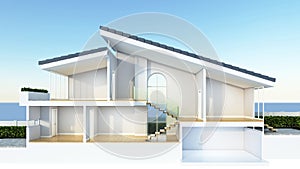 Modern home cross section, suitable for smart home or sustainable housing infographic overlay, 3d rendering