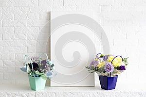 Modern home decor mock-up, bouquet and photo frame.