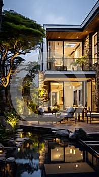 Modern Home Exterior at Twilight With Illuminated Interior and Garden