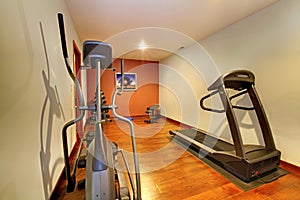 Modern home gym in the basement.