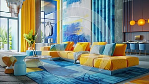 Modern home interior with blue and yellow decoration, comfortable sofa generated