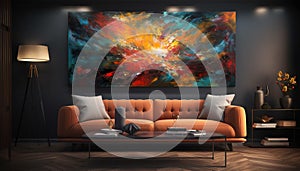 Modern home interior with comfortable sofa, armchair, and electric lamp generated by AI