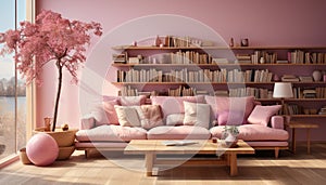 Modern home interior with comfortable sofa, bookshelf, and elegant armchair generated by AI