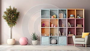 Modern home interior with comfortable sofa, elegant bookshelf, and bright decoration generated by AI