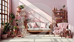 Modern home interior with comfortable sofa, elegant decoration, and bright sunlight generated by AI