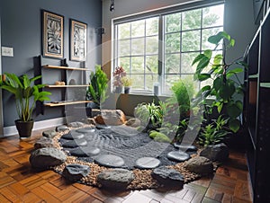 Modern Home Interior Design with Zen Garden, Elegant Decor and Wooden Flooring