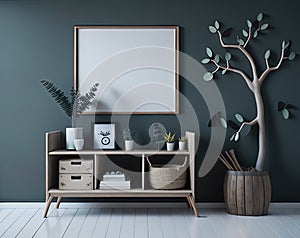 modern home interior with empty frame, mock up poster and scandinavian wall decoration, 3 d illustration