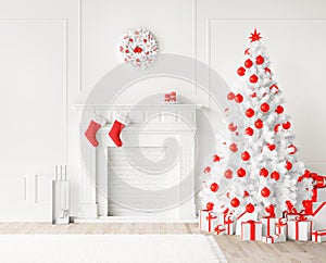 Modern home interior with fireplace and christmas tree in white and red colors. ÃÂ¡hristmas scene. 3d rendering