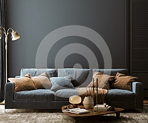 Modern home interior mock-up with dark blue sofa, table and decor in living room