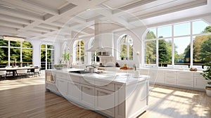 Modern home interior. Modern kitchen design in a white, bright interior. Modern apartment home design software.