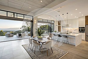 Modern home interior with open floor plan. Modern home interior with open floor plan, view of the dining area and kitchen