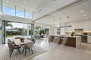 Modern home interior with open floor plan. Modern home interior with open floor plan, view of the dining area and kitchen