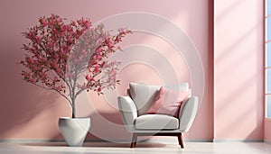 Modern home interior with pink sofa, elegant chair, and purple flower generated by AI