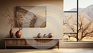 Modern home interior with rustic wood table, window, and mountain view generated by AI