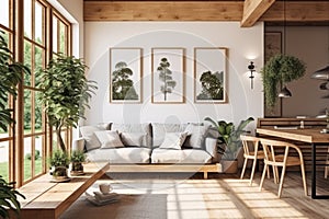 Modern home interior with wooden furniture and plants, Scandinavian style. Posters on white wall in contemporary living room of