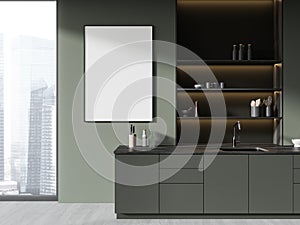 Modern home kitchen interior with cooking cabinet and window. Mockup frame