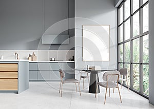 Modern home kitchen interior with eating table and window. Mockup frame