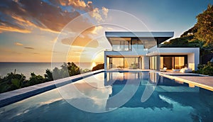 Modern home with large windows overlooks a serene pool at sunset, showcasing architectural beauty and natural elegance
