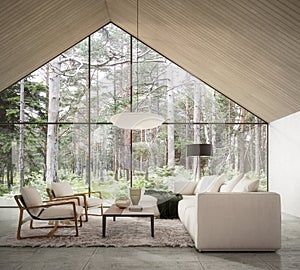 Modern home living room with beautiful forest view. Contemporary interior design