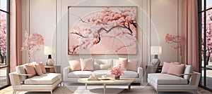 Modern Home living room Interior, sofa with pillows, table with flowers, big picture, pastel colours