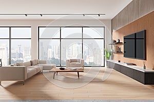 Modern home living room interior with soft place and tv screen, panoramic window